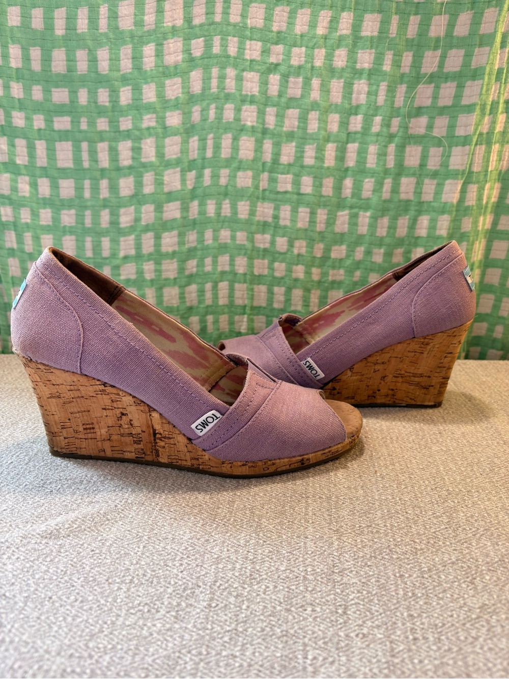 Toms Lavender Canvas Cork Wedge Peep-Toe Slip-Ons.Size 8.5. Dressy or  casual